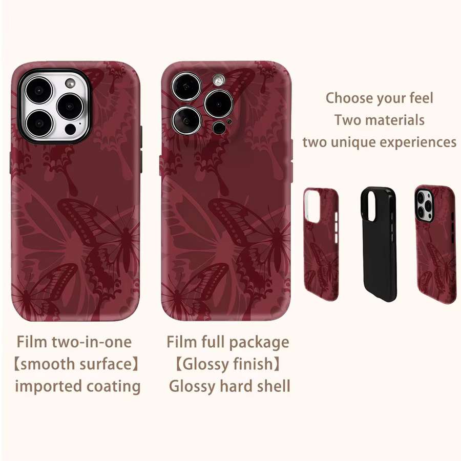 Potdemiel Handyhülle mit Schmetterlings-Design für iPhone, Weinrot, Doppelschichtige Rückseite - Bild 3