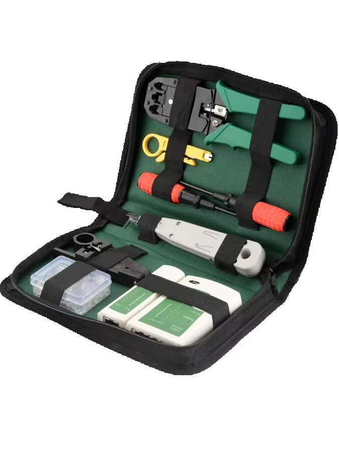 RJ45 Crimpzange und Netzwerk-Handwerkzeugset mit Kabeltester, Krone Punch-Down-Werkzeug und Abisolierzange für Cat5 Modularstecker inklusive Aufbewahrungstasche - Bild 5