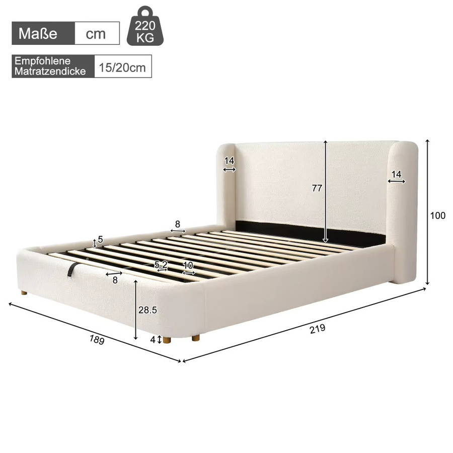 Modernes gepolstertes Doppelbett in Beige mit hydraulischem Stauraum und Kopfteil, B/T: 160 x 200 cm - Bild 2