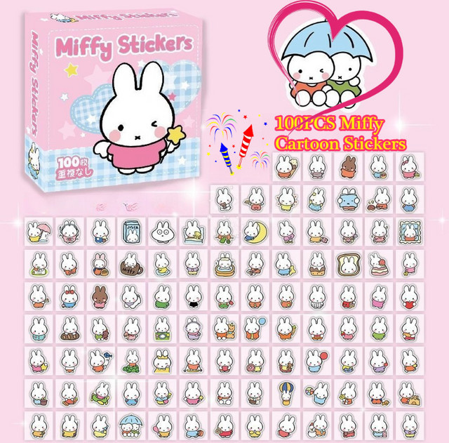 100 Stück Miffy Kaninchen Aufkleber Set, bunte wasserfeste Cartoon Sticker zur Dekoration von Notizbüchern und Wasserbechern, Multicolour - Bild 1