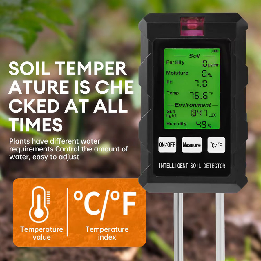 Gaqqee 6-in-1 Bodentester Multifunktionsmessgerät in Schwarz für pH-Wert, Fruchtbarkeit, Feuchtigkeit, Säure, Alkalität und Temperatur mit Hintergrundbeleuchtung - Bild 3