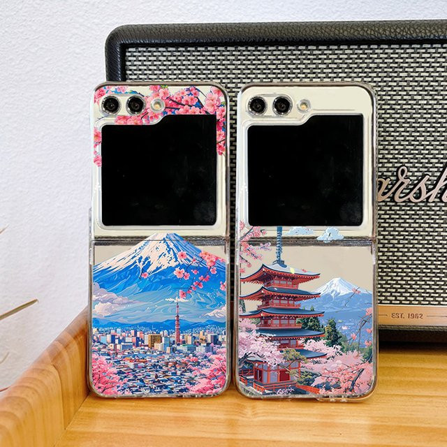 Japan Anime Fuji Mountain Handyhülle für Samsung Galaxy Z Flip 4 5 6 7 8, Transparente Harte PC Schutzhülle mit Blütenlandschaft Design - Bild 1