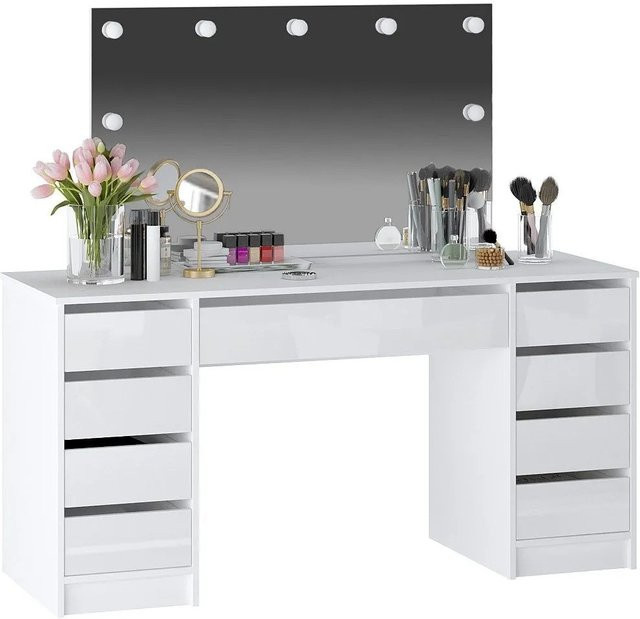 Schminktisch Jenemi von Vente-unique in Weiß mit Hollywood LED-Spiegel, Breite: 152,3 cm - Bild 1