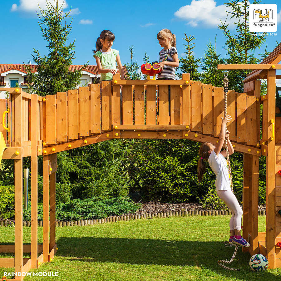 Fungoo Spielturm Maxi Set Sized Plaza My Side Fortress Toybox in Teak mit 2x Rutschen, 2x Spieltürmen, Verbindungsbrücke, Leiter, Kletterseil und Kletterwand - Bild 3