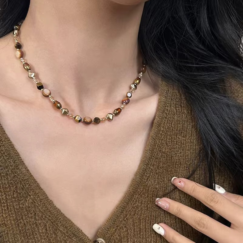 Velishy Choker-Halskette, Naturstein, Tigerauge, braun, Perle, Damen - Bild 2
