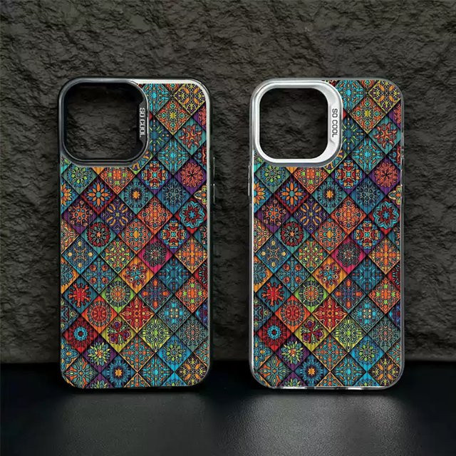 iPhone Hülle mit Blumen Kariertes Muster und galvanisiertem Schalendesign in Schwarz für iPhone 11 bis iPhone 17 Pro Max - Bild 1