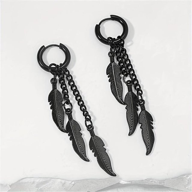 Ohrringe Edelstahl, Feder Kette, Schwarz, Unisex, Vintage - Bild 1