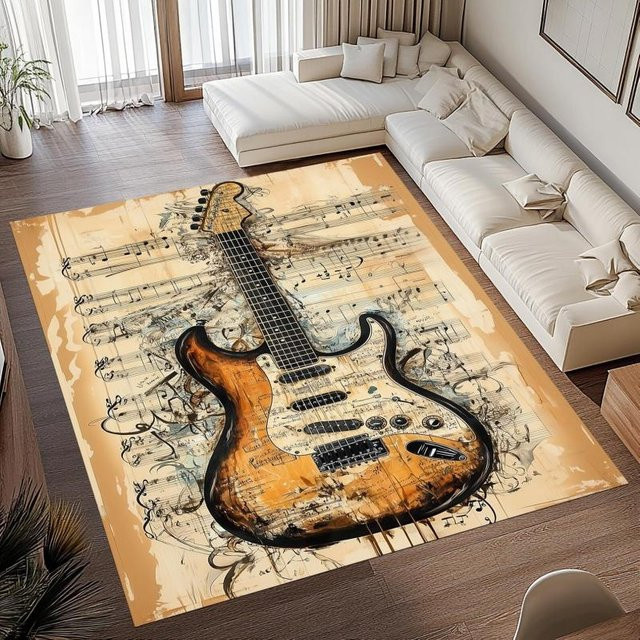 Rutschfester Teppich mit Klaviertastenrand und Violinschlüssel in Schwarz Weiß von LOLO IU, Waschbarer Musik-Teppich für Wohnzimmer und Schlafzimmer, Breite: 60 cm, Tiefe: 90 cm - Bild 1