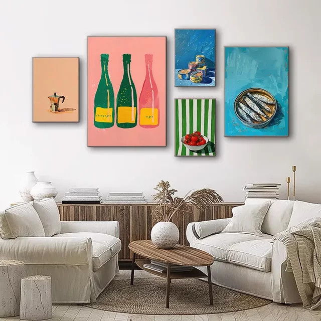 Potdemiel Ölgemälde Lebensmittel Poster mit Hering, Zitrone, Ei und Apfel in Gelb und Multicolour als Leinwand Wandkunst Dekoration - Bild 1