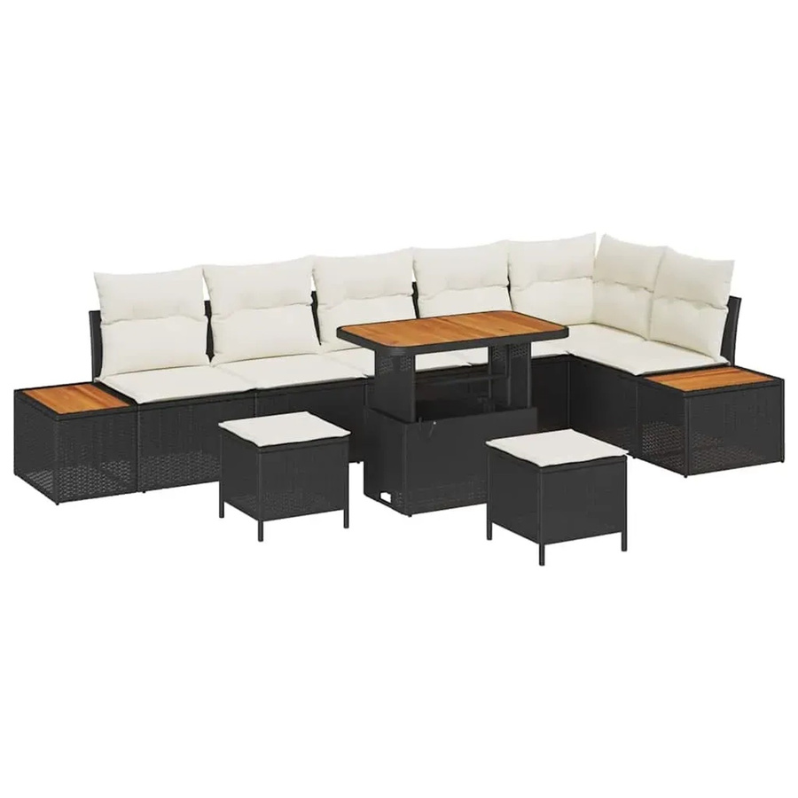 vidaXL 9-teiliges Garten-Sofa-Set mit Kissen in Schwarz und Creme aus Poly Rattan, Akazienholz und Stahl - Bild 2