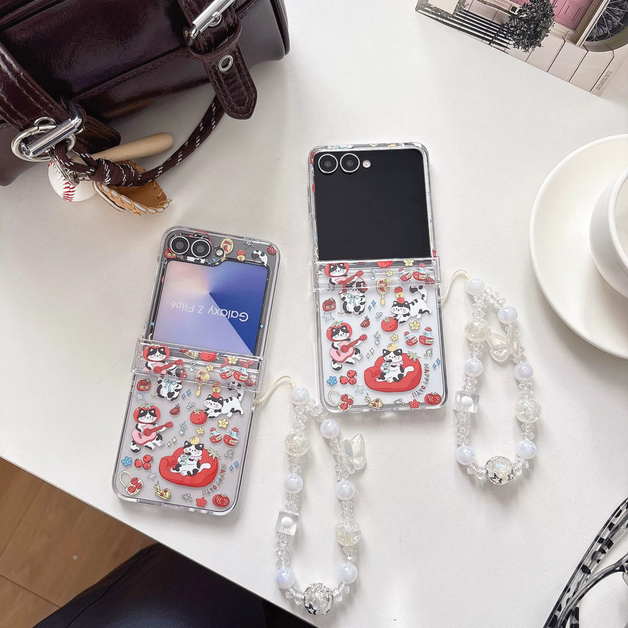 Transparente Handyhülle mit Cartoon-Musik Meow Star Design für Samsung Galaxy Z Flip 7 6 5 4 3 inklusive Scharnierabdeckung und Lanyard - Bild 2