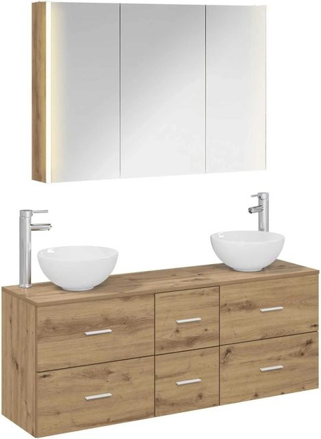 vidaXL Badezimmermöbel-Set 4-teilig in Artisan-Eiche mit Glas und LED-Beleuchtung, Braun - Bild 1