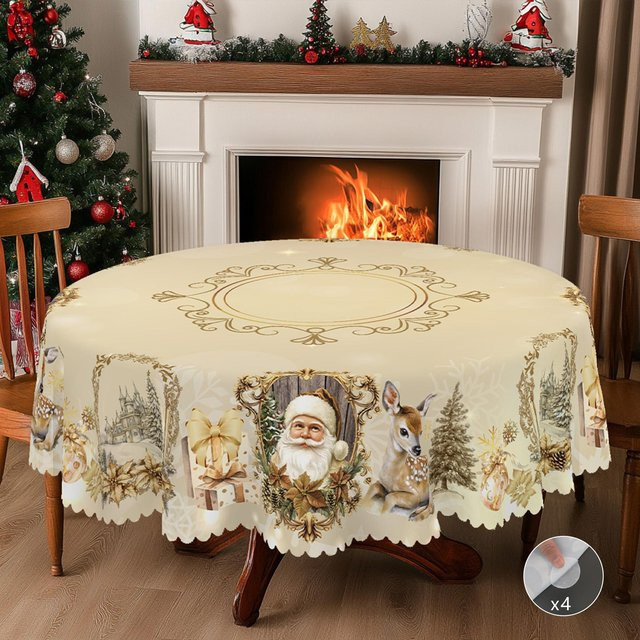 JINGYUE Pet Weihnachts-Tischdecke im Vintage-Bauernhaus-Stil mit Weihnachtsmann, Rentier und Weihnachtsbaum, Beige, B: 152 cm, T: 220 cm - Bild 1