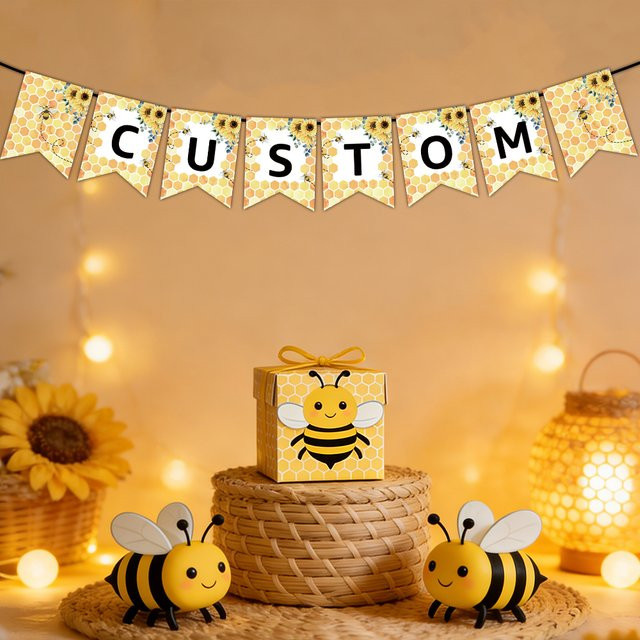 Personalisierbare Wimpelkette mit Bienen-Motiv von Cyuan in Gelb aus Papier für deine Geburtstagsfeier - Bild 1