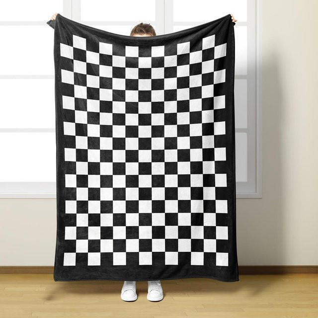 JMG Household Supplies Flanelldecke mit Schachbrettmuster in Schwarz Weiß, weicher Plüschstoff, B/B/H: 130 x 150 cm - Bild 1