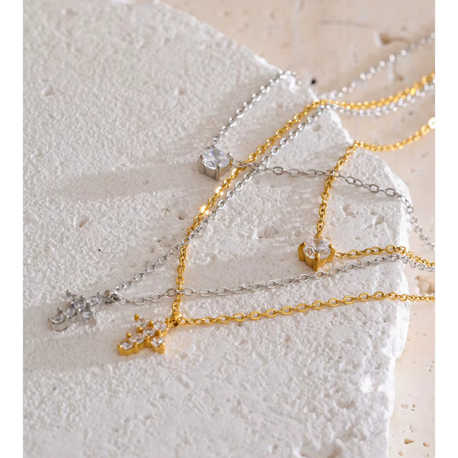 Yhpup Halskette Doppel-Schicht, Zirkonia Kreuz Anhänger, Edelstahl, Gold, Unisex - Bild 2
