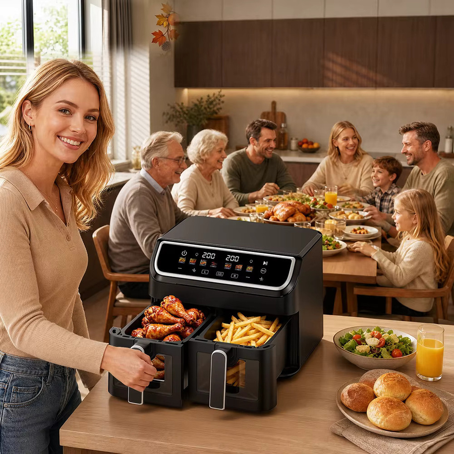 Patbrela XXL Dual-Heißluftfritteuse mit 9L Volumen, 2000W, Schwarz, zwei Körbe mit SYNC Match Cook und LED-Farbdisplay - Bild 6
