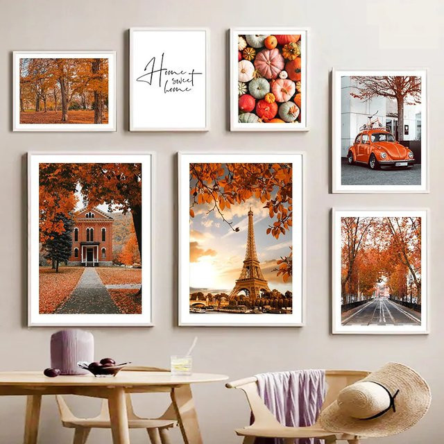 Potdemiel Wandkunst Leinwandbild im Nordic-Stil mit Paris Turm, Kürbis und Herbstblättern, Mehrfarbig - Bild 1