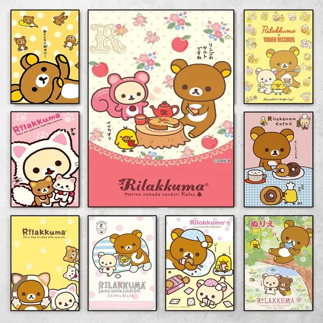 Potdemiel Rilakkuma Leinwanddruck Kawaii Anime Wandkunst mit Bär, Küken und Katze in Gelb für dein Kinderzimmer - Bild 1