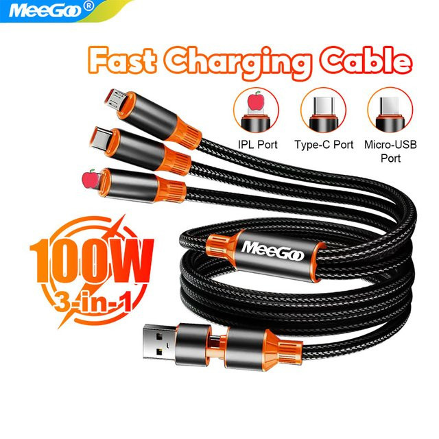 MeeGoo 3 in 2 USB-C und Micro-USB Ladekabel, 120 W Schnellladekabel, Schwarz - Bild 1