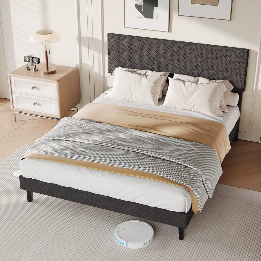 Comanlai Polsterbett Doppelbett mit Lattenrost aus Leinen, Grau, B/T/H: 140 x 200 cm - Bild 2
