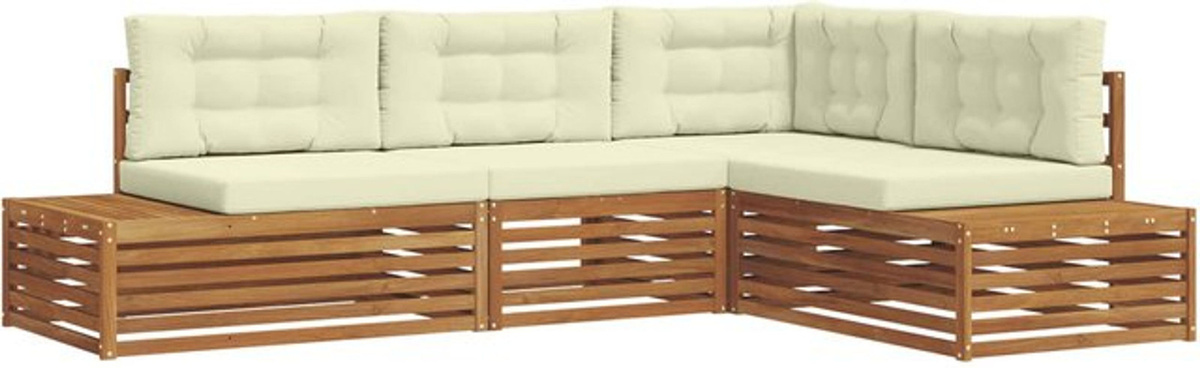 vidaXL Outdoor-Sofagarnitur aus Massivholz mit Kissen, 4-teiliges Loungemöbel-Set in Natur und Beige/Weiß - Bild 1
