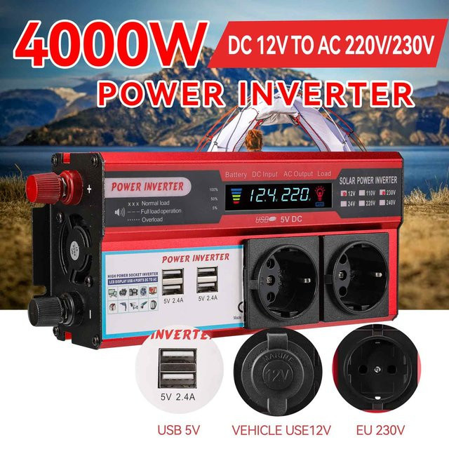 OWJHE Wechselrichter DC 12V zu AC 220V mit 4 USB-Anschlüssen und LED-Anzeige in Rot - Bild 1