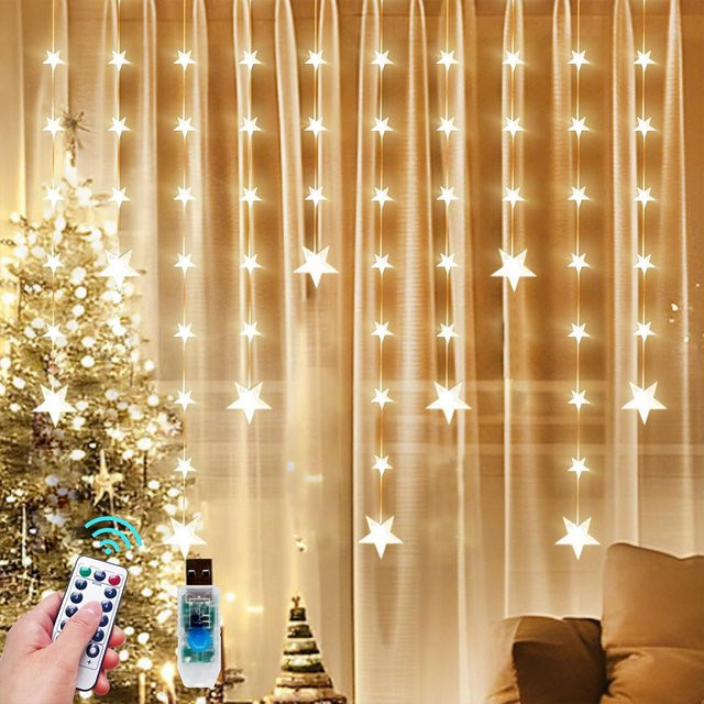 Peach Forest LED Stern Vorhang Lichterkette mit Fernbedienung, Warmweiß, 120 LEDs, USB-Betrieb - Bild 1