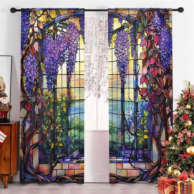 2-teiliges dekoratives Vorhangset mit abstraktem Glyzinien-Blumenmuster in Rot Grün Blau, halbtransparent, Material Polyester, Breite: 50 cm, Höhe: 130 cm - Bild 1