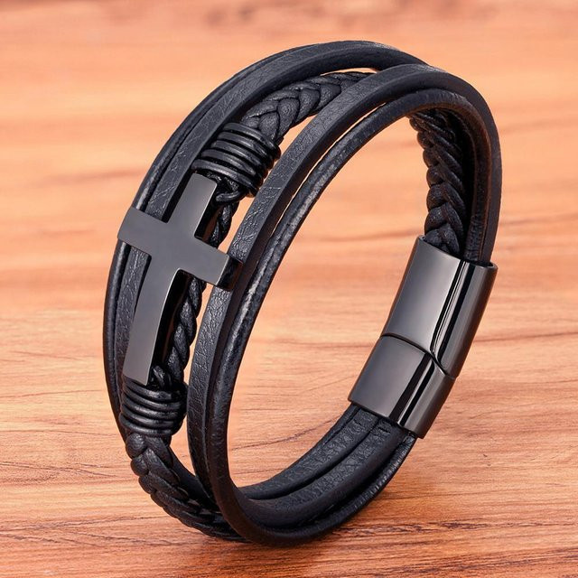 YJSTY Lederarmband Herren, mehrschichtig, schwarz, 21cm - Bild 1