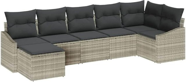 vidaXL Garten-Sofa-Set 7-teilig aus Poly-Rattan in Grau mit Polstern und Ottomane für Terrasse und Garten - Bild 1