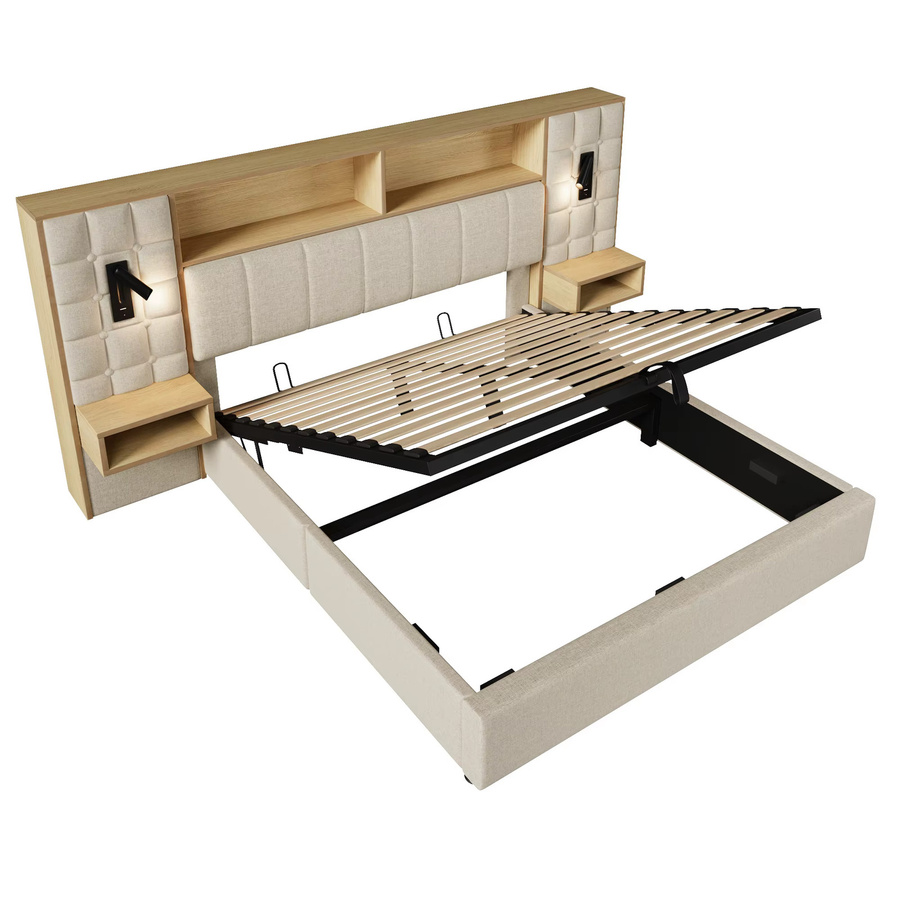 KOMHTOM Leinen-Systempolsterbett mit Stauraum, LED-Beleuchtung, 2 Leselampen, 2 integrierten Nachttischen und USB-Typ-C-Ladeport, Farbe: Beige oder Grün, B/T/H: 180 x 200 cm - Bild 2
