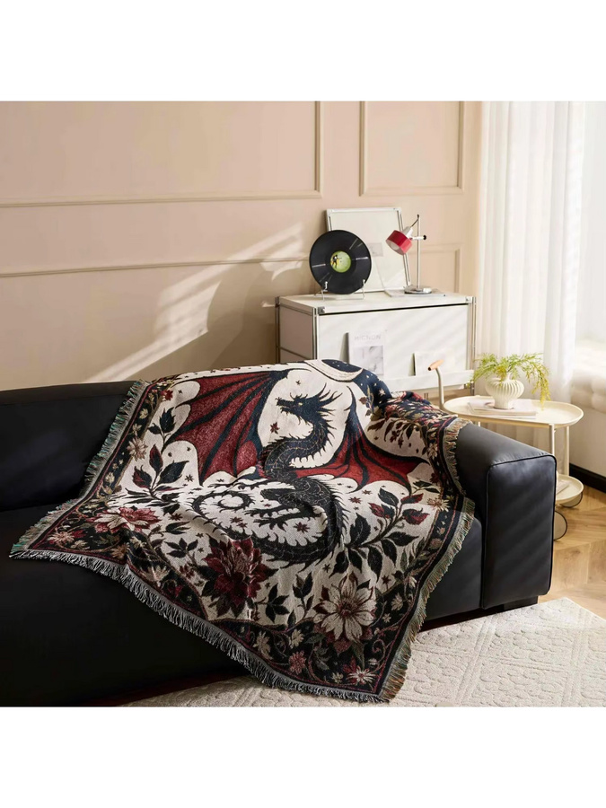 Textile City Fantasy Dragon Moon Überwurfdecke Jacquard-Webung Vintage Floral, Mehrfarbig, B/B/H: 160 x 130 cm - Bild 6