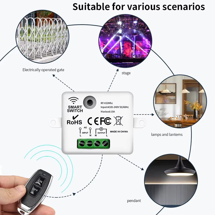 GGBEE 433 MHz kabelloser Fernbedienungsschalter als Mini-Relaismodul für LED und Wandlicht, 110 V-240 V, 10 A, Farbe: Weiß - Bild 3