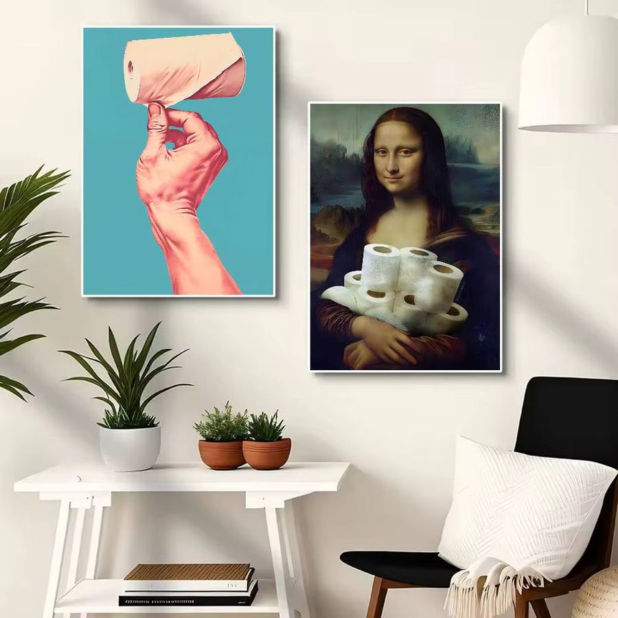 Wasserfester selbstklebender Wandaufkleber Mona Lisa mit Perlen und Toilettenpapier für das Badezimmer - Bild 4