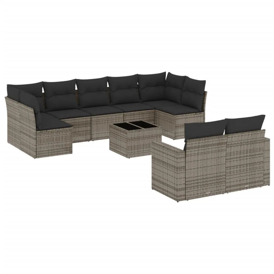 vidaXL 10-tlg. Garten-Sofagarnitur in L-Form aus Polyrattan und pulverbeschichtetem Stahl mit grauen Kissen - Bild 2
