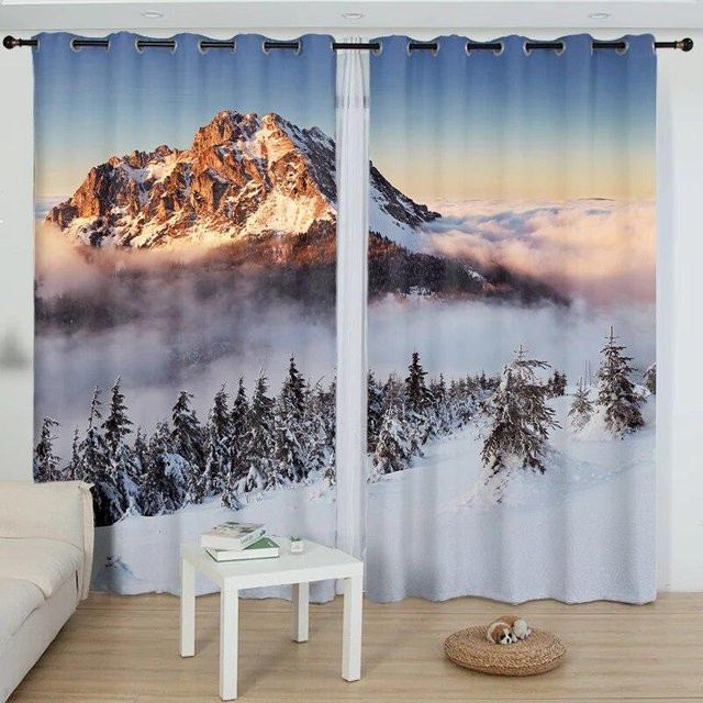 A Family Of Home Textiles 3D-gedruckte Vorhänge mit Schneebergsee-Landschaftsmuster, 2er-Set, Mehrfarbig, Breite: 50 cm, Höhe: 130 cm - Bild 1