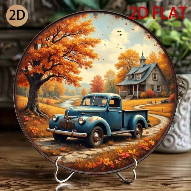 Vintage Blechschild Wanddekoration CIFBUY Rundes Metallschild mit blauem Pickup-Truck und herbstlicher Landschaft, Farbe: Blau und Mehrfarbig, Durchmesser: 20 cm - Bild 1