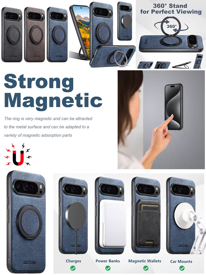 Suteni Kunstleder Handyhülle mit magnetischem kabellosem Laden, 360 Grad drehbarem Ständer und Ringschnalle in Blau für Google Pixel 10 ProXL, 9, 8A, 7 und 6 - Bild 7