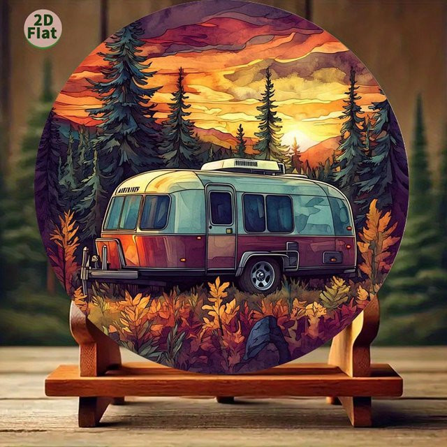 Potdemiel Vintage Sunset Camping Wandkunst aus Metall, Rundes Retro-Camper-Van Design mit Kiefern und orange-rotem Himmel, Durchmesser: 20 cm - Bild 1
