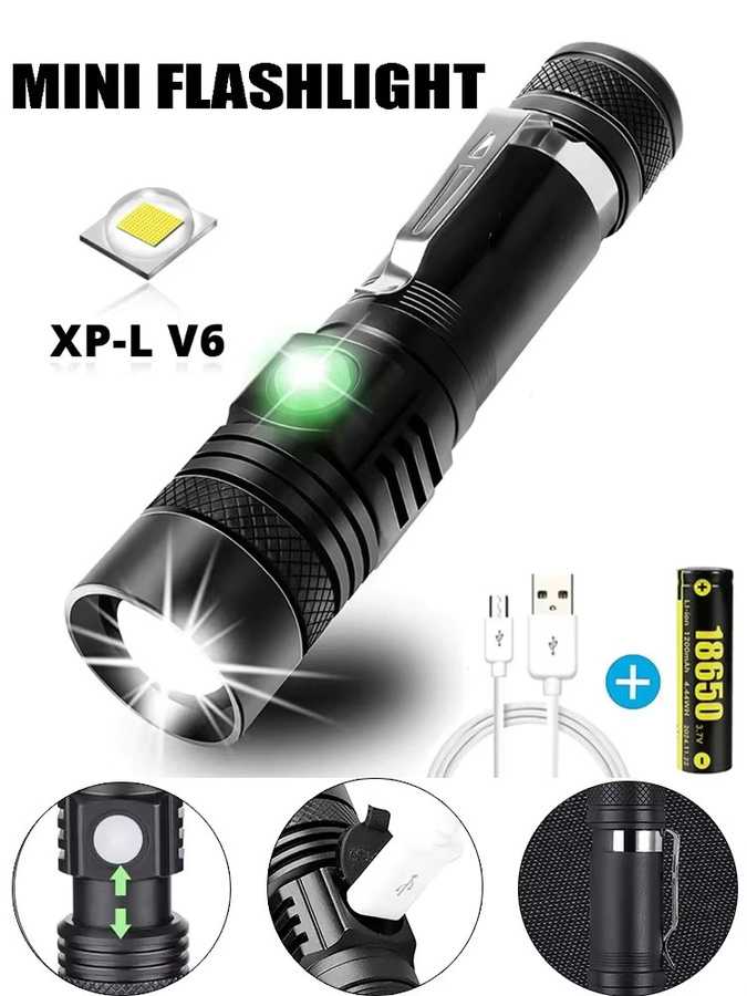 KDULIT Taktische LED-Taschenlampe aus Aluminiumlegierung in Schwarz, wiederaufladbar mit Clip für Outdoor, Camping und Wandern - Bild 4