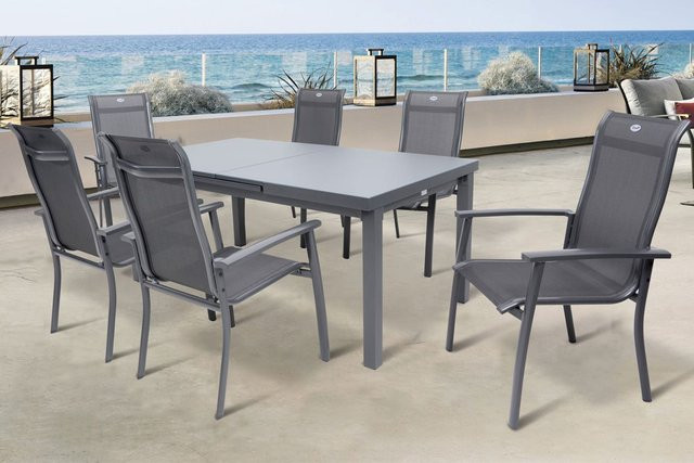 Hartman Alice Comfort Garten-Essgruppe in Anthrazit mit ausziehbarem Tisch und 6 Stapelsesseln aus Aluminium und Textilene - Bild 1