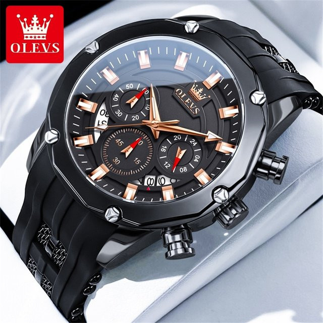 OLEVS Armbanduhr Chronograph, Quarz, Silikonarmband, Herren, Schwarz - Bild 1