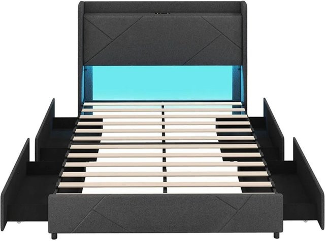Costway Doppelbettgestell in Grau mit LED-Leuchten, USB-Ladeport, Nachttischablage und Schubladen, B/T/H: 140 x 200 x 147 cm - Bild 1