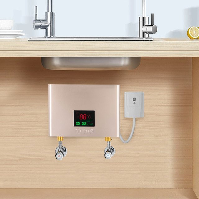 Bymaocar Elektrischer Durchlauferhitzer 3000 W mit Fernbedienungshalter, Wandmontage, Gold, B/T/H: 21 x 15 x 5,5 cm - Bild 1