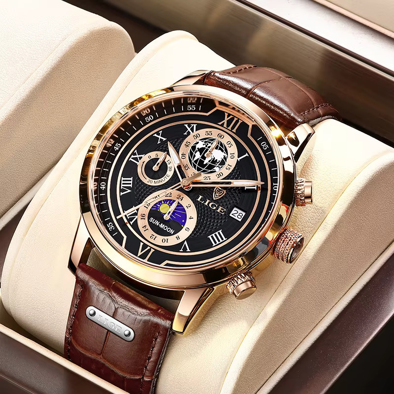 LIGE Armbanduhr Chronograph, Quarz, Leder, Schwarz, Roségold, Herren - Bild 2