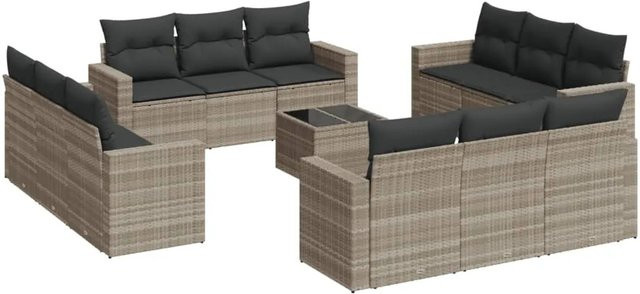 vidaXL 13-tlg. Garten-Sofagarnitur in L-Form aus Polyrattan mit Kissen und Tisch, Hellgrau - Bild 1