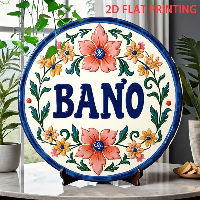 Rundes mexikanisches Talavera-Blechschild von Potdemiel mit blau-orangefarbenem Blumenmuster und Bano-Schriftzug, Durchmesser: 20,3 cm - Bild 1