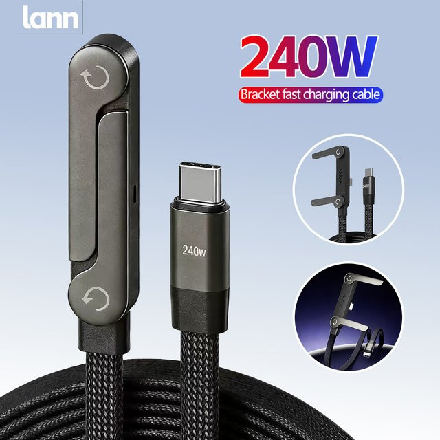 Lann 240W USB-C auf USB-C Ladekabel, faltbares und rechtwinkliges Multifunktionskabel in Schwarz - Bild 1