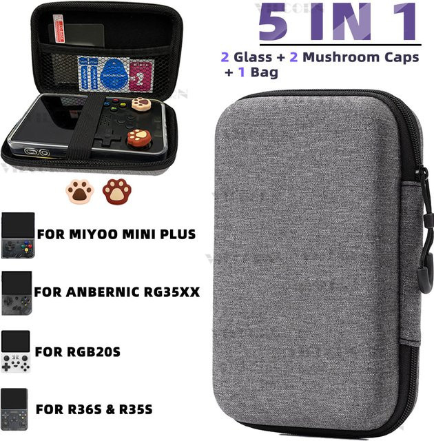 VILCORN 5-in-1 Spielzubehör Set für Anbernic RG35XX RG353V RG353VS Miyoo Mini Plus RGB20S R36S mit Tragetasche und 2 Kappen in Schwarz - Bild 1